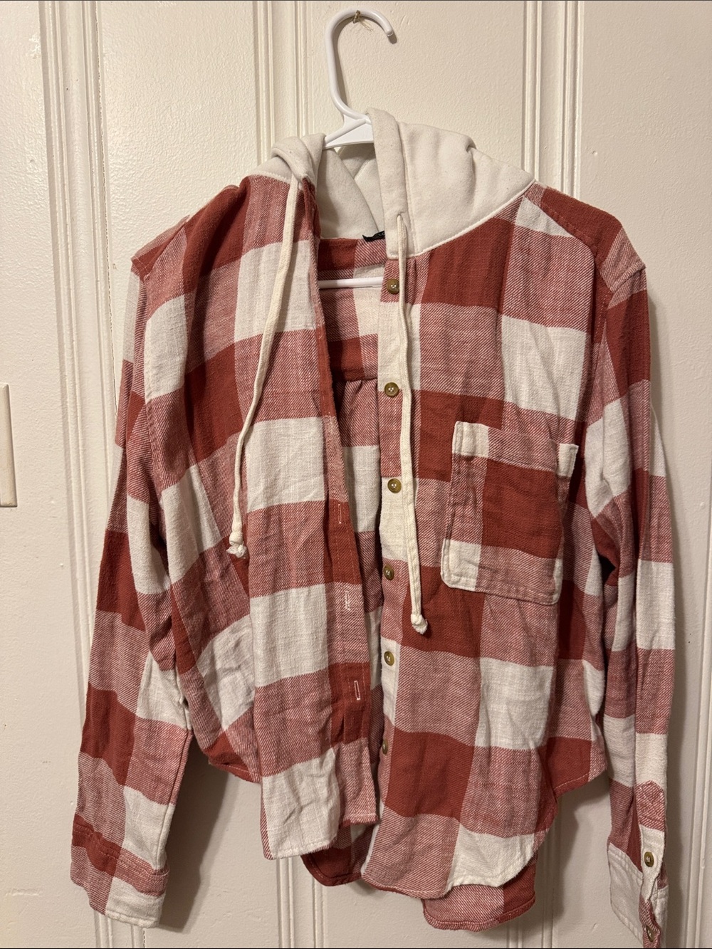 Love Tree Red and White Plaid Hooded Button-Up Shirt